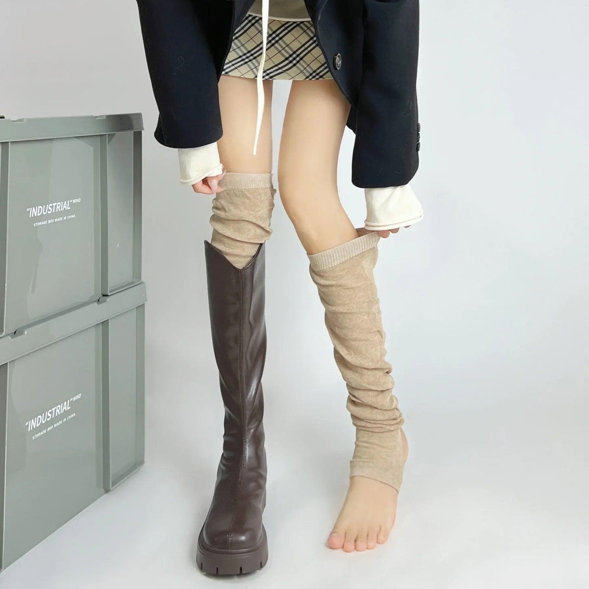 Women's Gray Knit Calf Leg Warmers - Cotton-Blend Ballet Pile Socks for Autumn