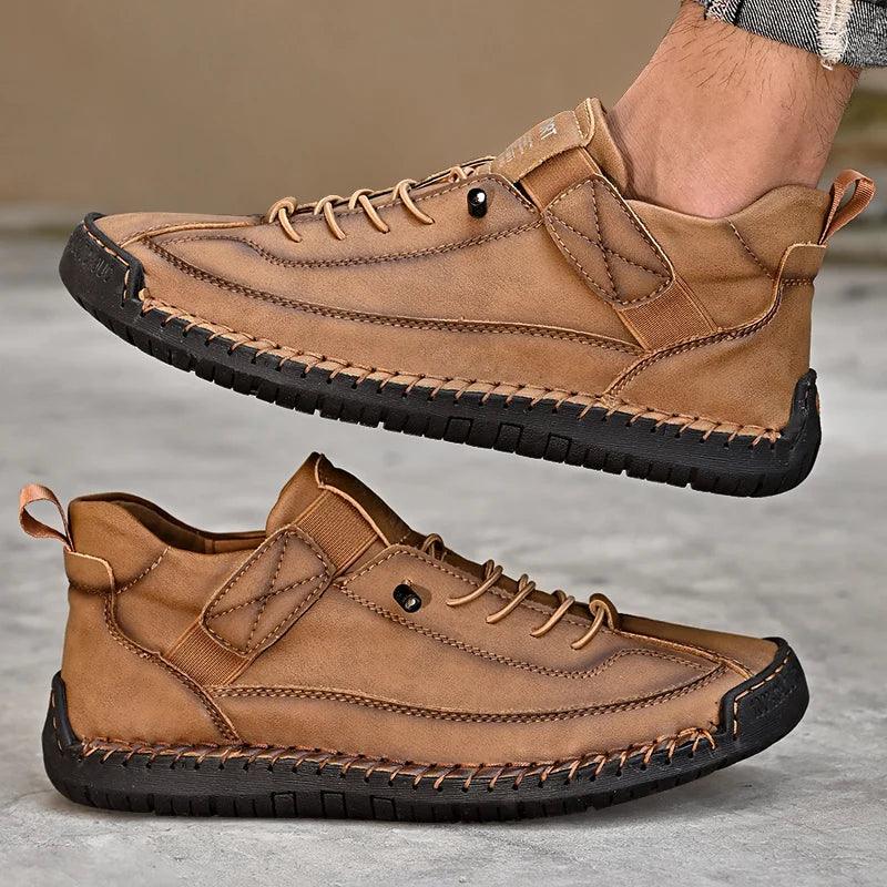 Handmade Men's PU Leather Slip-On Loafers Breathable Casual Moccasins Rubber Outsole Plus Sizes