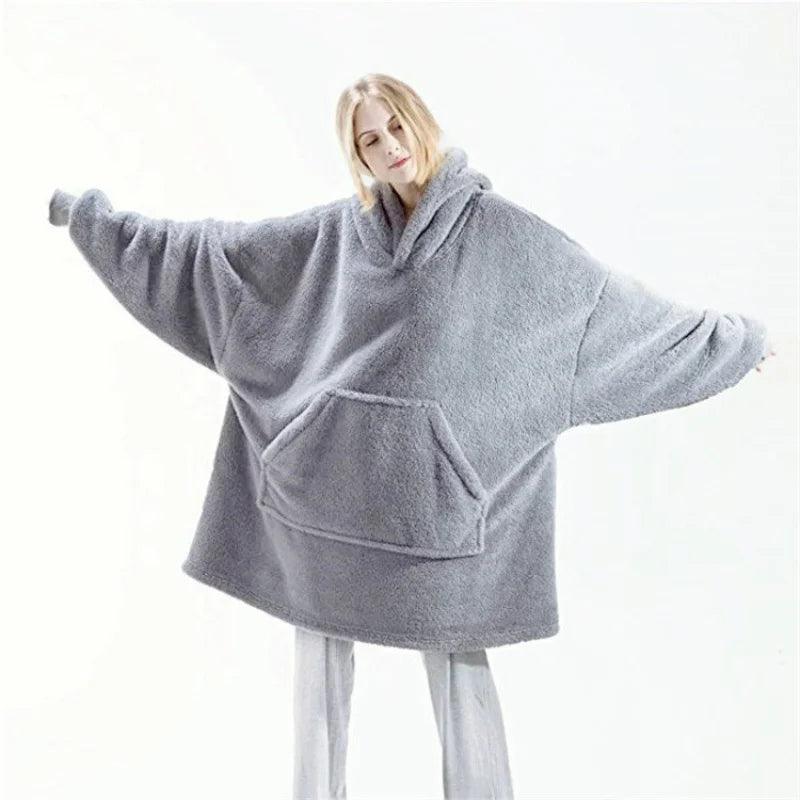 Women's Thick Winter Fleece Hooded Pullover Jacket – Double-Layer Warm Long Hoodie with Pockets