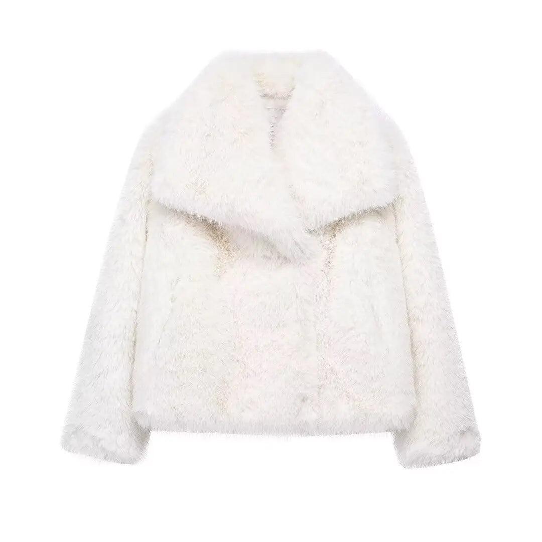 Cropped Faux Fur Jacket for Women – Long Sleeve Snap-Button Lapel Collar Thick Winter Coat