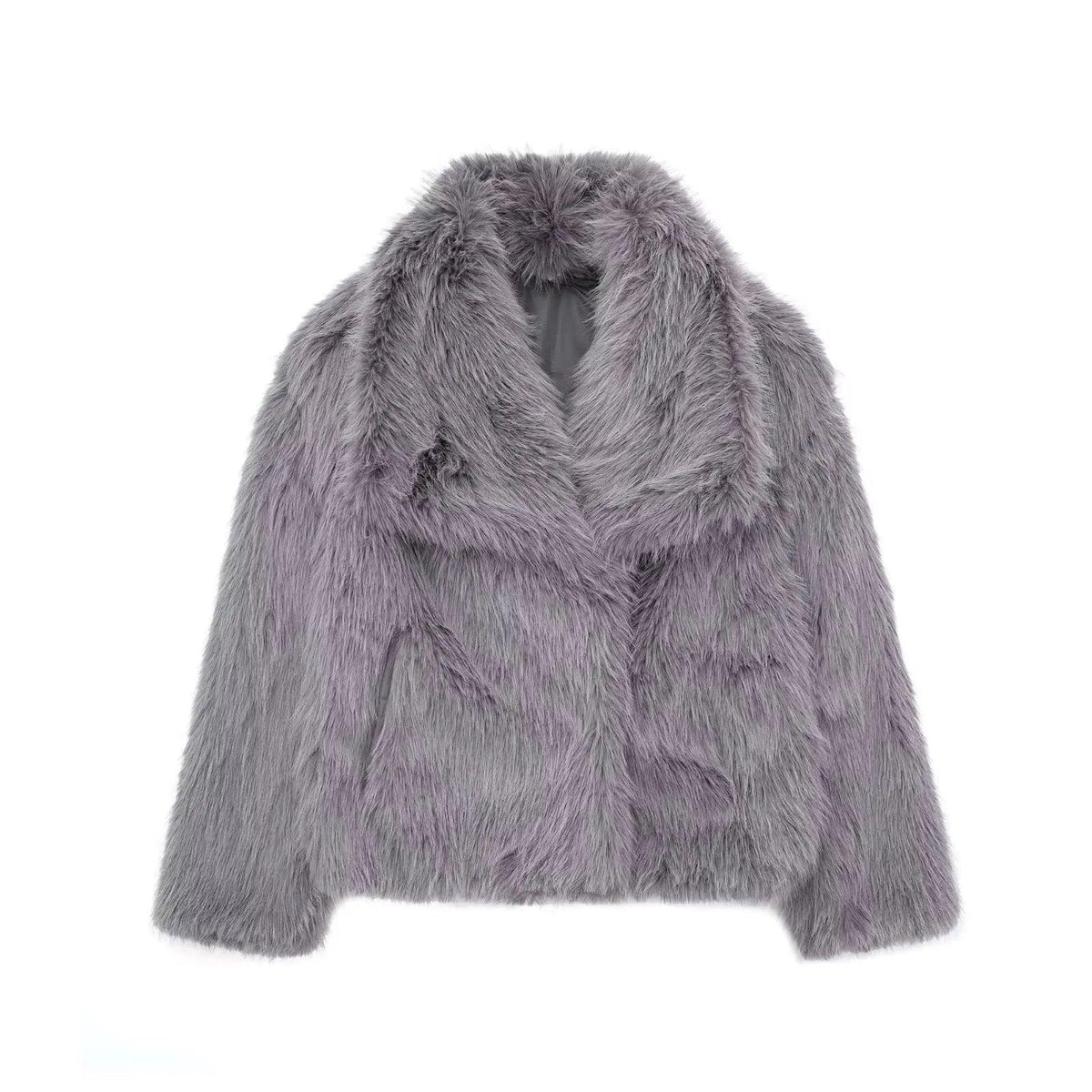 Cropped Faux Fur Jacket for Women – Long Sleeve Snap-Button Lapel Collar Thick Winter Coat