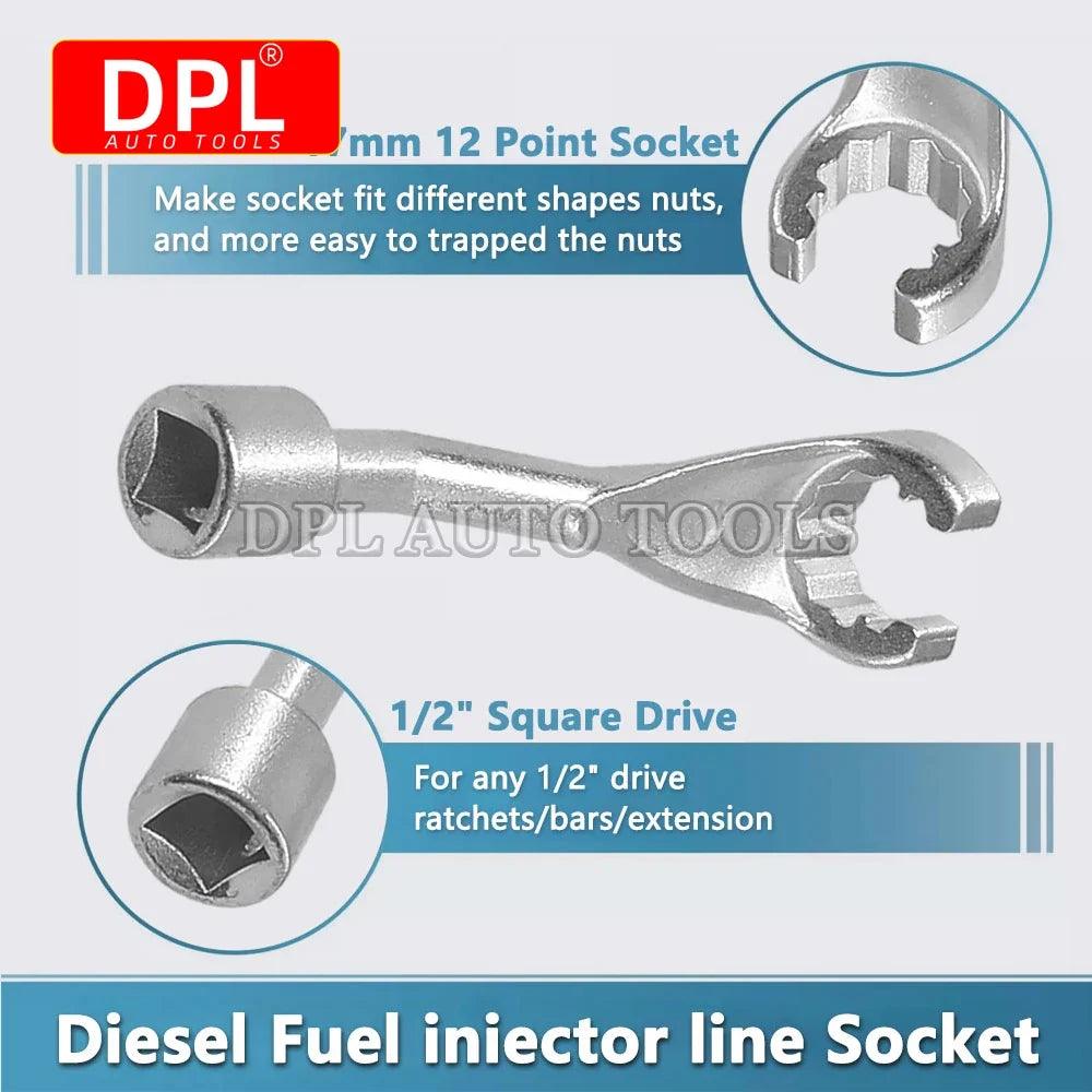 Diesel Injector Line Socket Set 1/2-Inch (12.7 mm) Drive - 12-Point Bihex Injector Fuel Line Wrenches