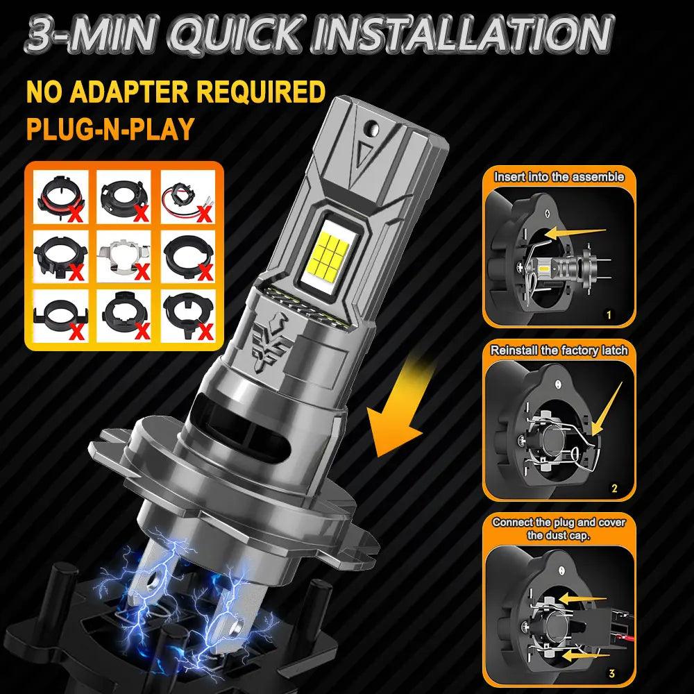 H4 H7 CANBUS LED Headlight Bulbs 6000K White – Plug & Play Fan-Cooled, IP68, 80,000 LM/Set