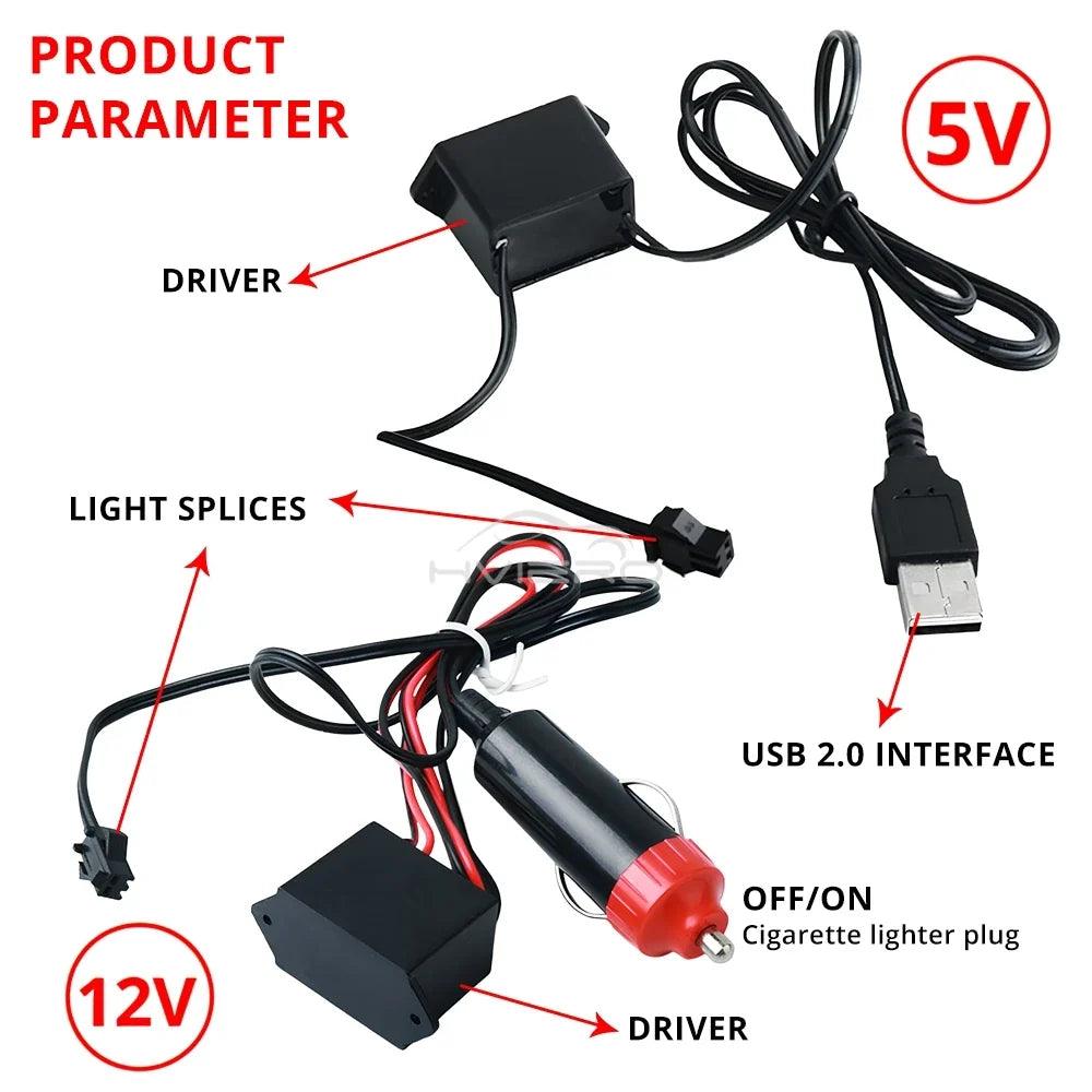 Car Interior LED Strip Light 1/2/3/5M – Flexible Neon Rope USB & 12V Ambient Door Dashboard Lighting