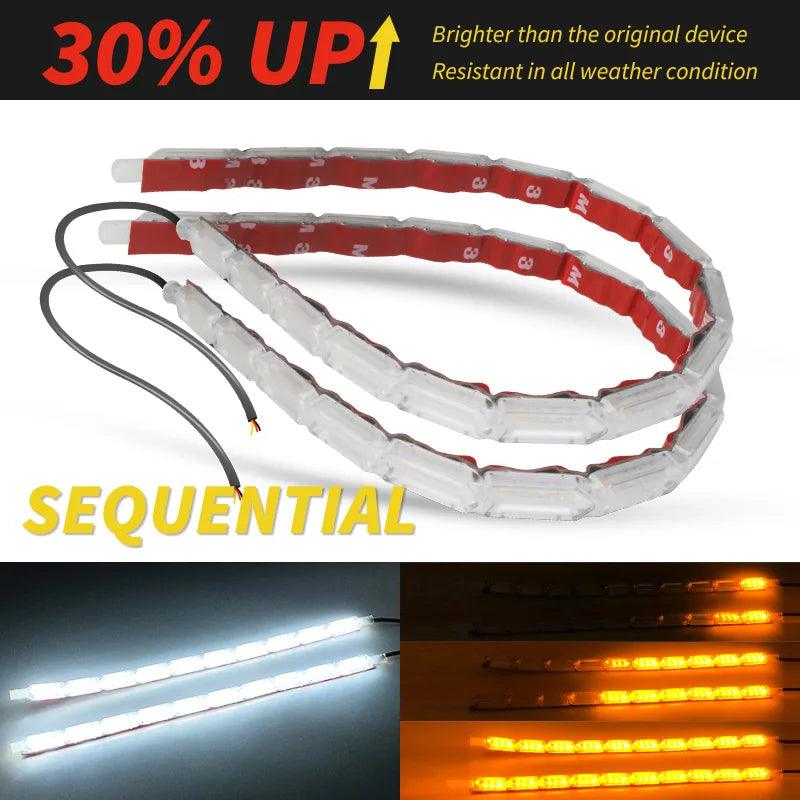 1-Pair Flowing Sequential Flexible LED DRL Strip Lights for Car — Daytime Running Light & Turn Signal, Waterproof, 12V, 9.8–19.7 in (25–50 cm)