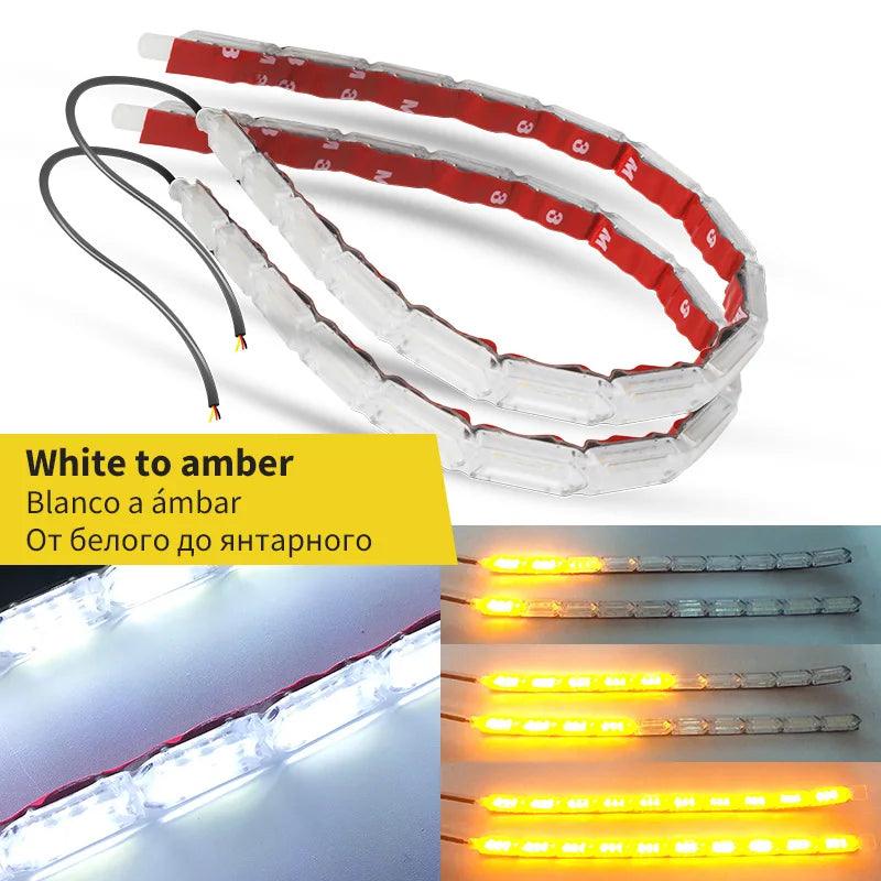 1-Pair Flowing Sequential Flexible LED DRL Strip Lights for Car — Daytime Running Light & Turn Signal, Waterproof, 12V, 9.8–19.7 in (25–50 cm)