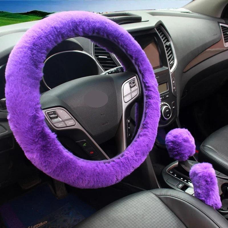 3-Piece Winter Rabbit Plush Car Steering Wheel Cover Set — Handbrake & Gear Lever Sleeves, Soft Fur Auto Interior Accessories