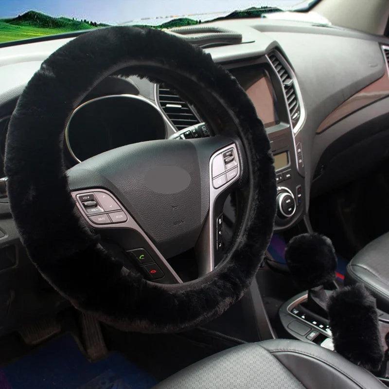 3-Piece Winter Rabbit Plush Car Steering Wheel Cover Set — Handbrake & Gear Lever Sleeves, Soft Fur Auto Interior Accessories