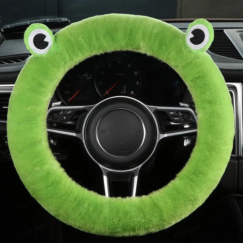 Plush Wool Steering Wheel Cover, Cartoon Frog Short Fur Car Wheel Protector, Fits 35–42 cm (13.8–16.5 in)