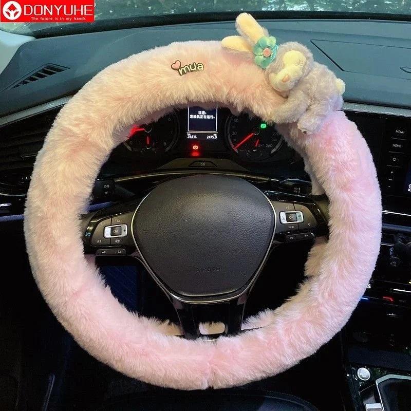 Cute Cartoon Fur Steering Wheel Cover Winter Warm Car Handle Cover for Women