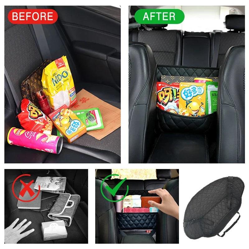 Leather Car Seat Middle Hanger Organizer – Large Capacity Between-Seats Handbag Holder with Tissue & Cup Pockets