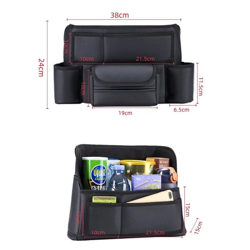 Leather Car Seat Middle Hanger Organizer – Large Capacity Between-Seats Handbag Holder with Tissue & Cup Pockets
