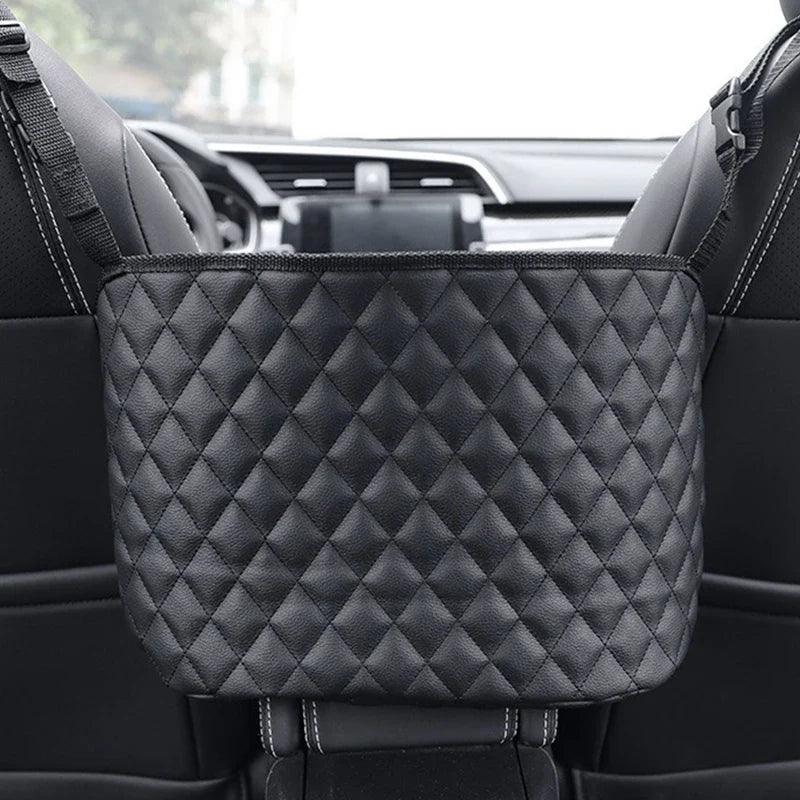 Leather Car Seat Middle Hanger Organizer – Large Capacity Between-Seats Handbag Holder with Tissue & Cup Pockets