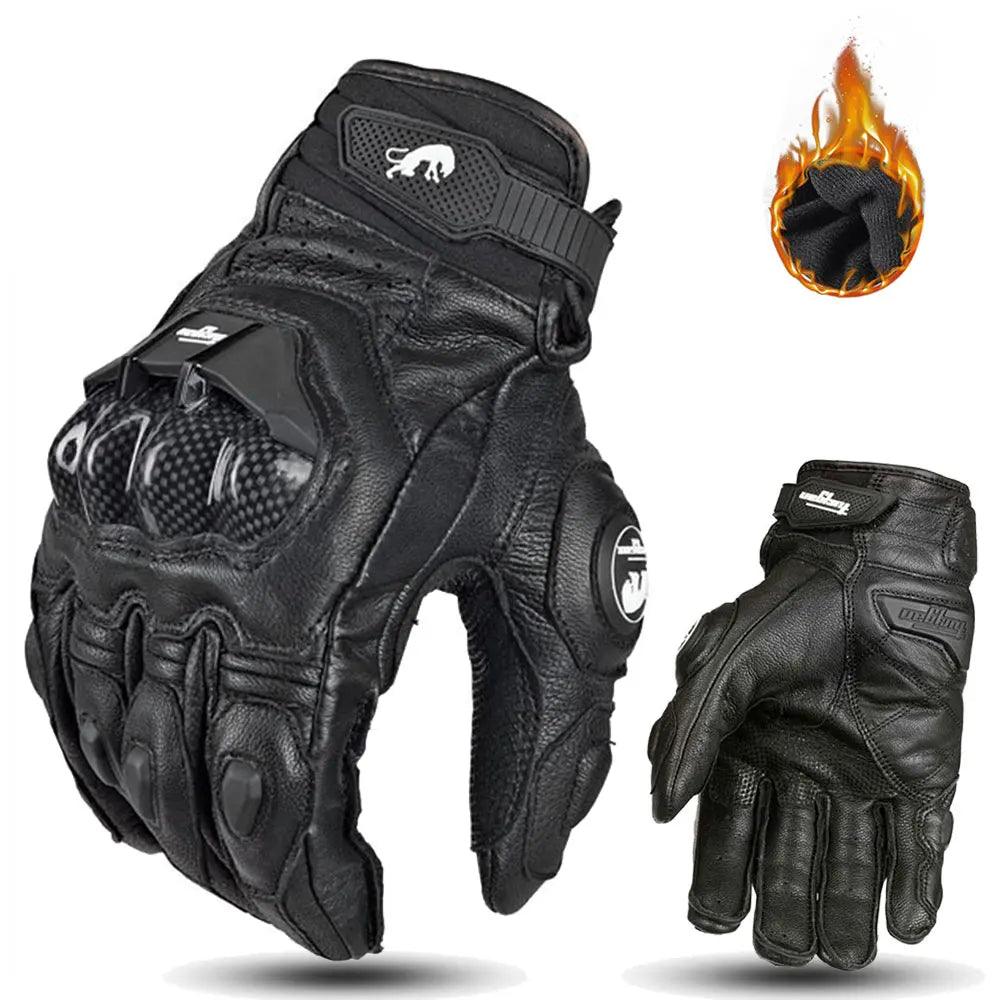 Black/White Leather Motorcycle Gloves — Waterproof Racing Riding Gloves for Men, Breathable Protective Biker Gloves
