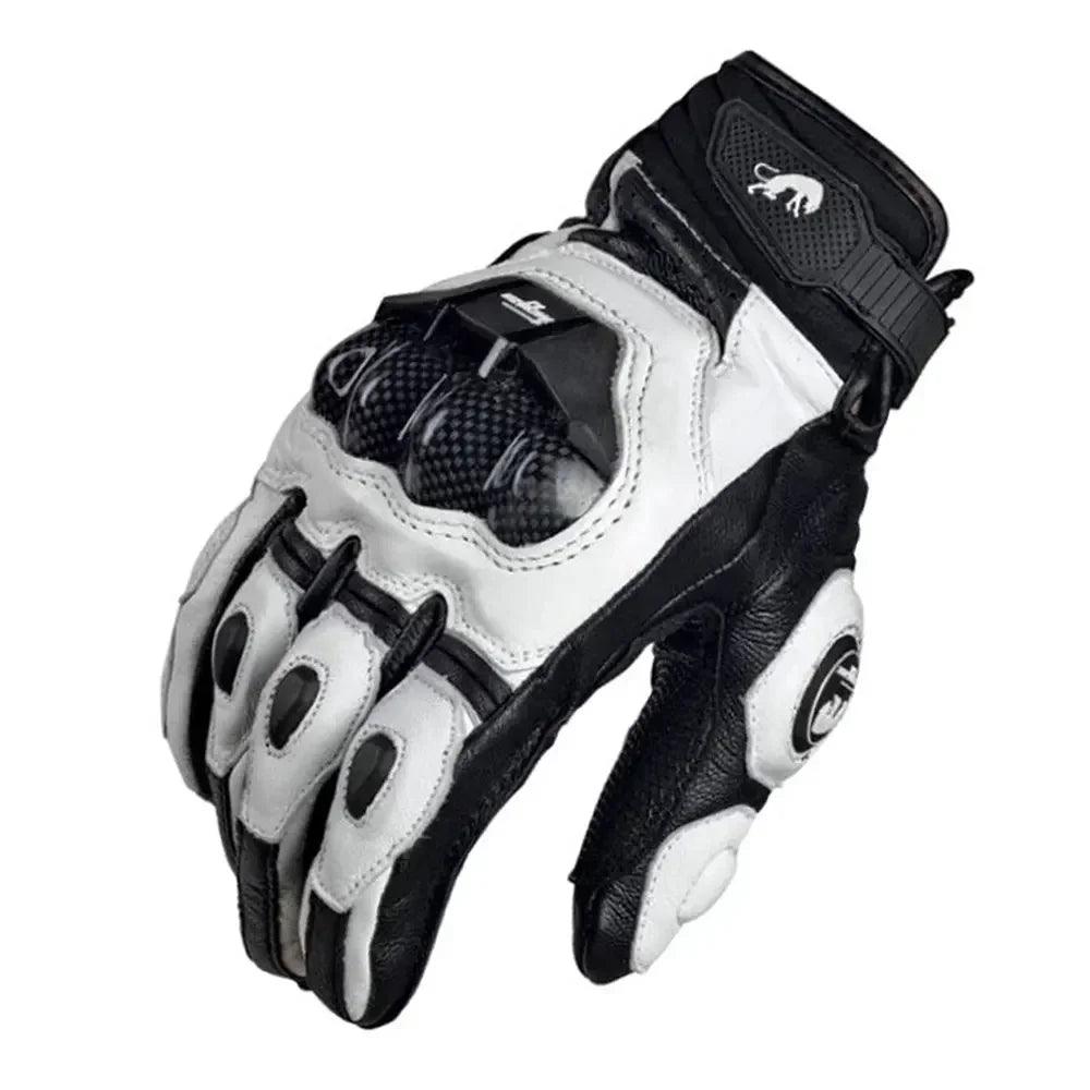 Unisex Leather Motorcycle Riding Gloves - Racing Motorbike Gloves with Protective Padding, Adjustable Strap - Black/White/Red