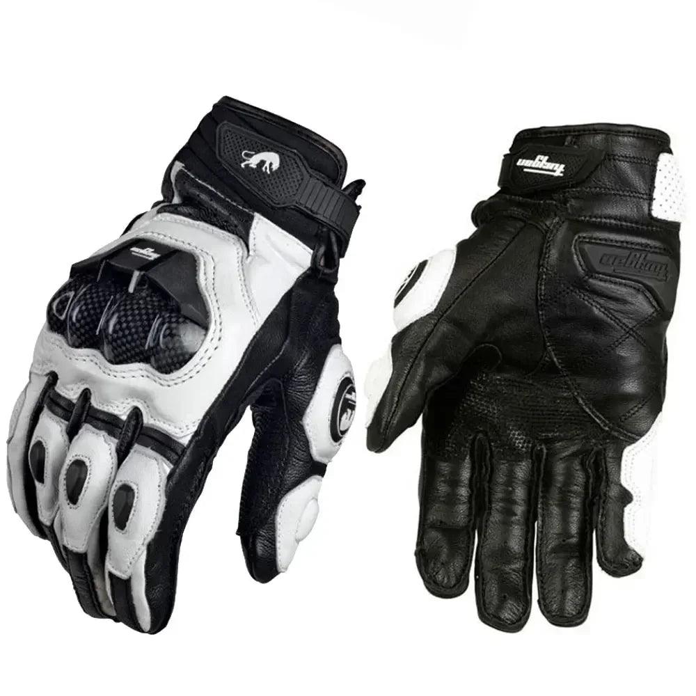 Unisex Leather Motorcycle Riding Gloves - Racing Motorbike Gloves with Protective Padding, Adjustable Strap - Black/White/Red