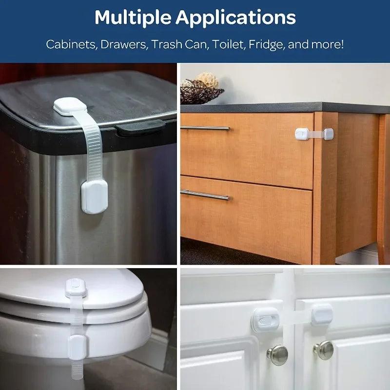Adjustable Baby & Childproof Cabinet Safety Lock — Adhesive Drawer Latch Strap for Cabinets, Drawers & Appliances