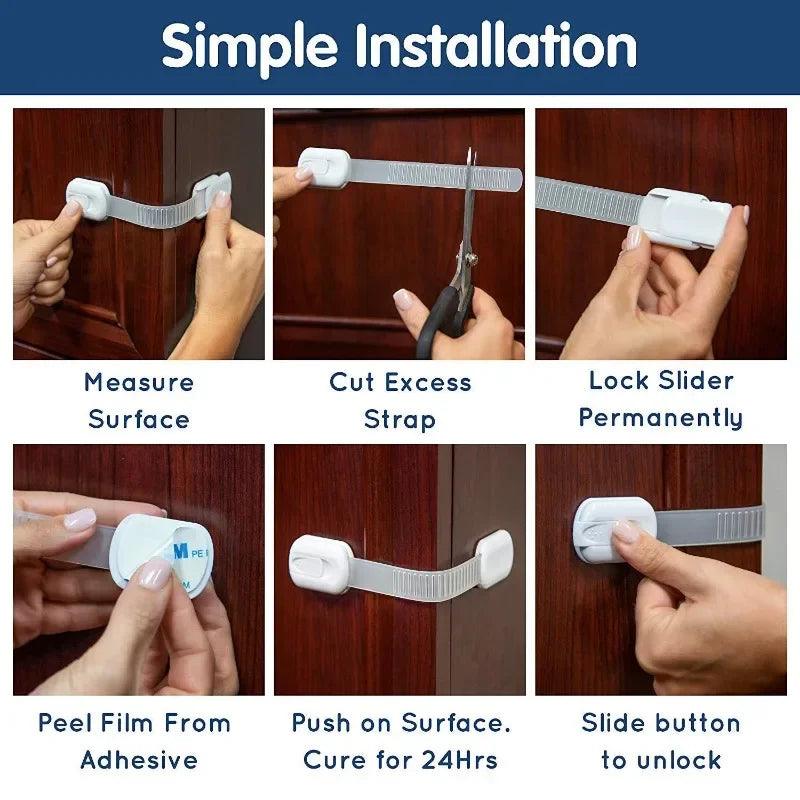 Adjustable Baby & Childproof Cabinet Safety Lock — Adhesive Drawer Latch Strap for Cabinets, Drawers & Appliances