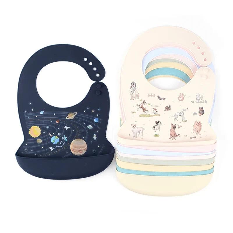 Silicone Baby Bib Waterproof Adjustable Cartoon Banana Feeding Bib with Pocket BPA-Free for 1-3 Years