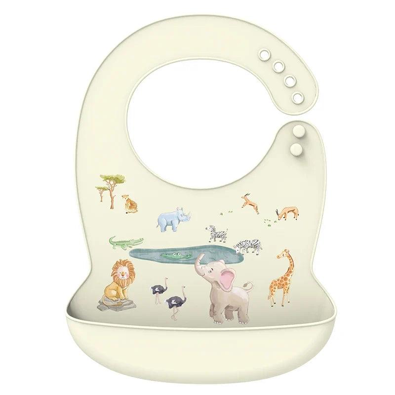 Silicone Baby Bib Waterproof Adjustable Cartoon Banana Feeding Bib with Pocket BPA-Free for 1-3 Years