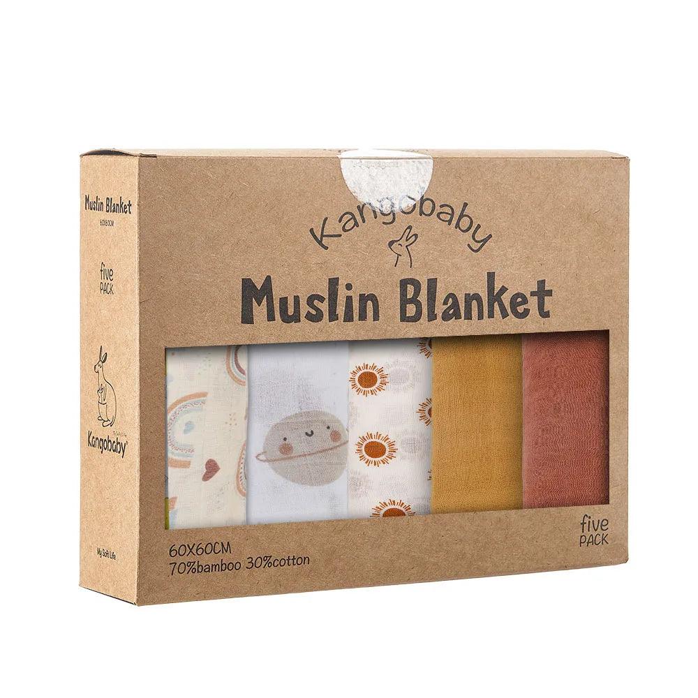 5-Pack Bamboo Cotton Muslin Baby Blankets & Burp Cloths 60 x 60 cm (23.6 x 23.6 in) Soft Breathable Multi-Functional