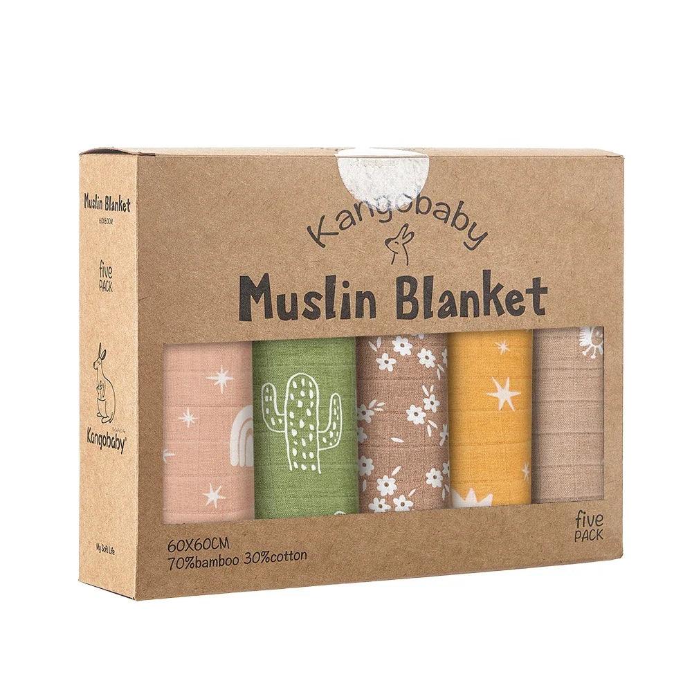 5-Pack Bamboo Cotton Muslin Baby Blankets & Burp Cloths 60 x 60 cm (23.6 x 23.6 in) Soft Breathable Multi-Functional