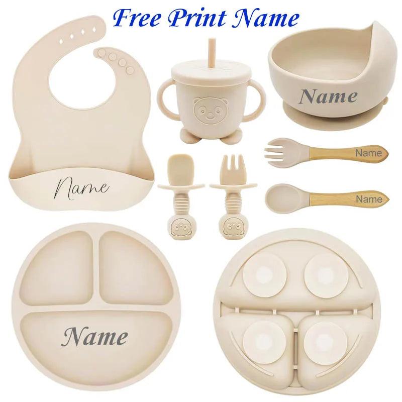 Personalized 8-Piece Baby Feeding Set Silicone Suction Plate Bowl Straw Cup Utensils Custom Name Baby Gift