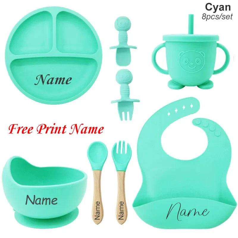 Personalized 8-Piece Baby Feeding Set Silicone Suction Plate Bowl Straw Cup Utensils Custom Name Baby Gift