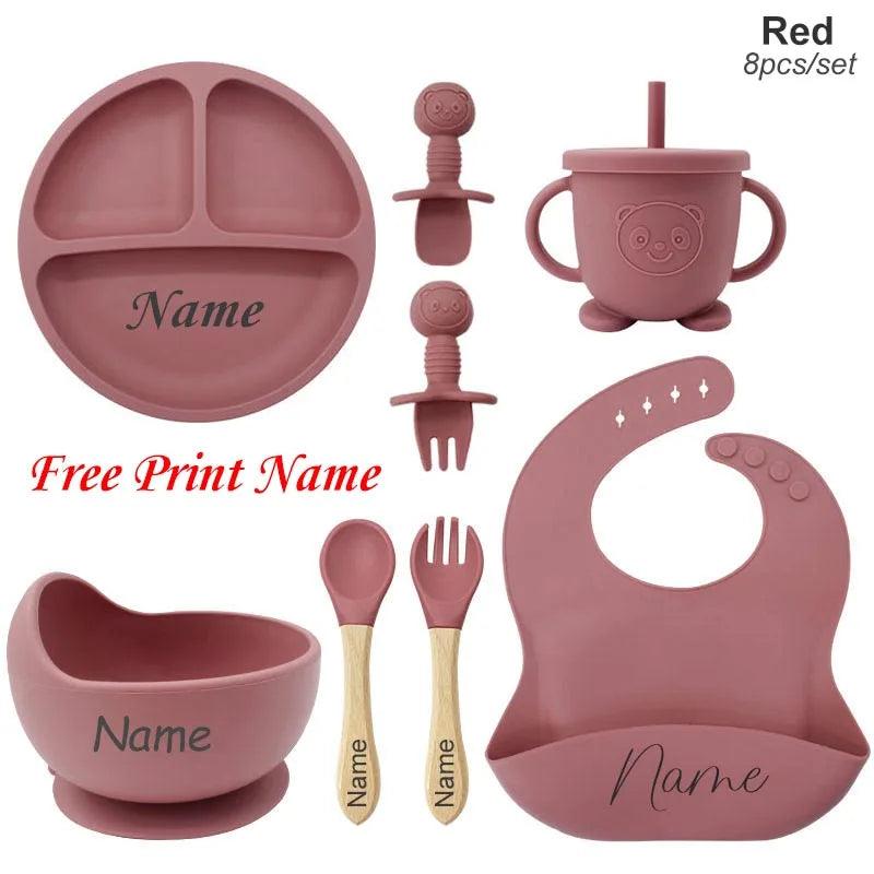 Personalized 8-Piece Baby Feeding Set Silicone Suction Plate Bowl Straw Cup Utensils Custom Name Baby Gift