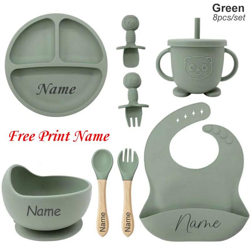 Personalized 8-Piece Baby Feeding Set Silicone Suction Plate Bowl Straw Cup Utensils Custom Name Baby Gift