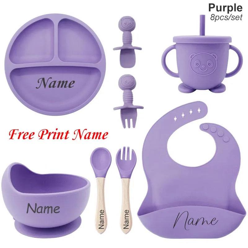 Personalized 8-Piece Baby Feeding Set Silicone Suction Plate Bowl Straw Cup Utensils Custom Name Baby Gift