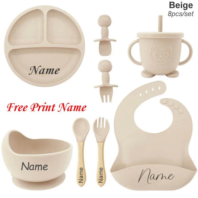 Personalized 8-Piece Baby Feeding Set Silicone Suction Plate Bowl Straw Cup Utensils Custom Name Baby Gift