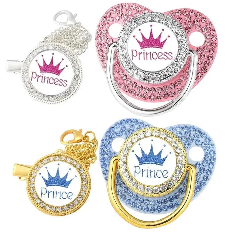 Rhinestone Pacifier Clip with Lid Silicone Newborn Pacifier Holder Princess Crown Bling Infant Shower Gift