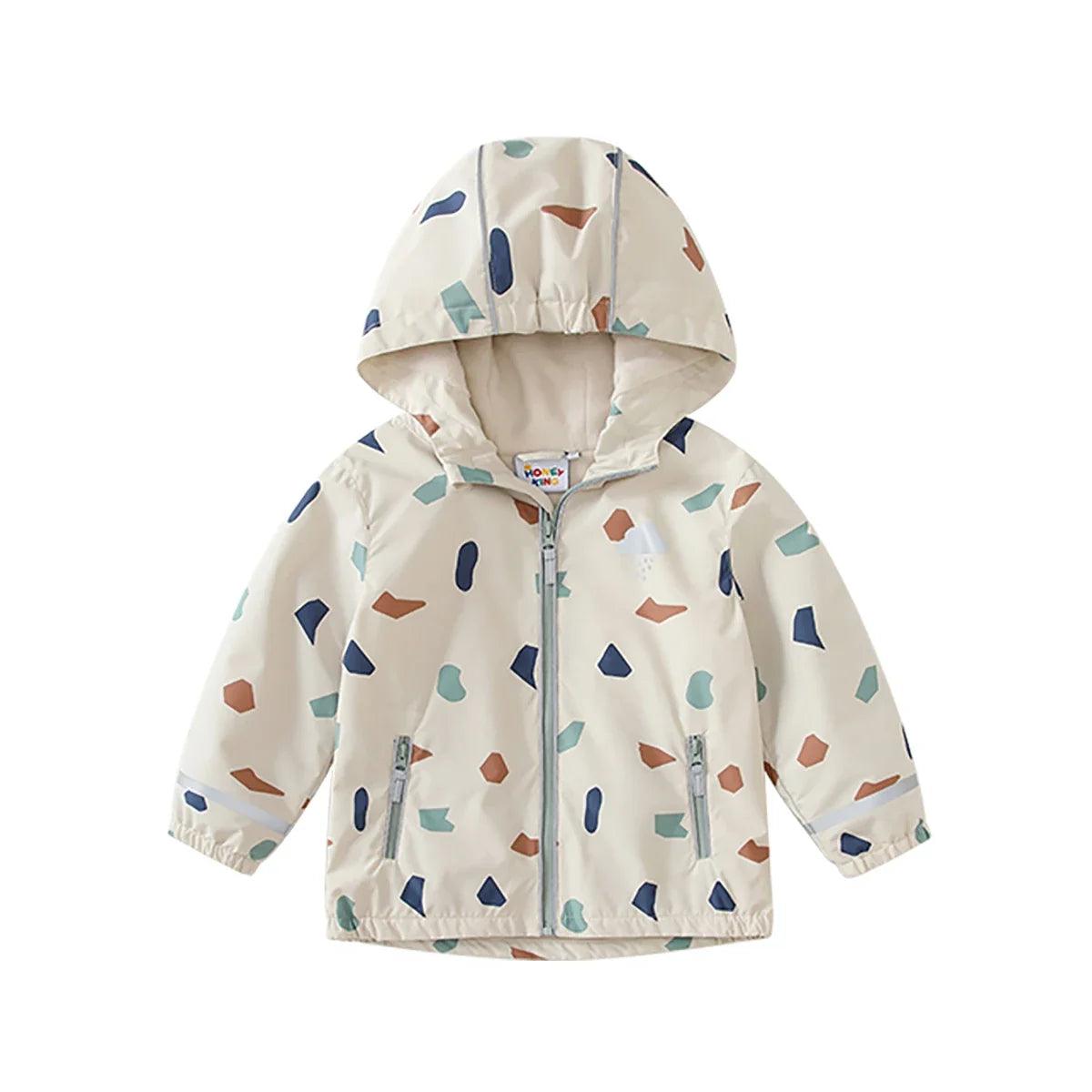 Waterproof Hooded Softshell Jacket for Kids – Fleece-Lined Unisex Rain Coat with Cartoon Print, Cotton-Polyester, Ages 7–12 Years