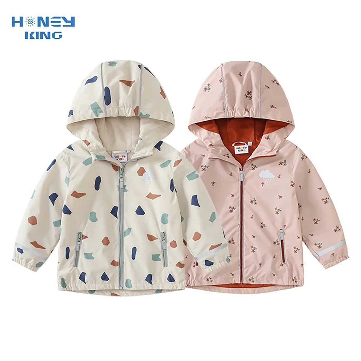 Waterproof Hooded Softshell Jacket for Kids – Fleece-Lined Unisex Rain Coat with Cartoon Print, Cotton-Polyester, Ages 7–12 Years