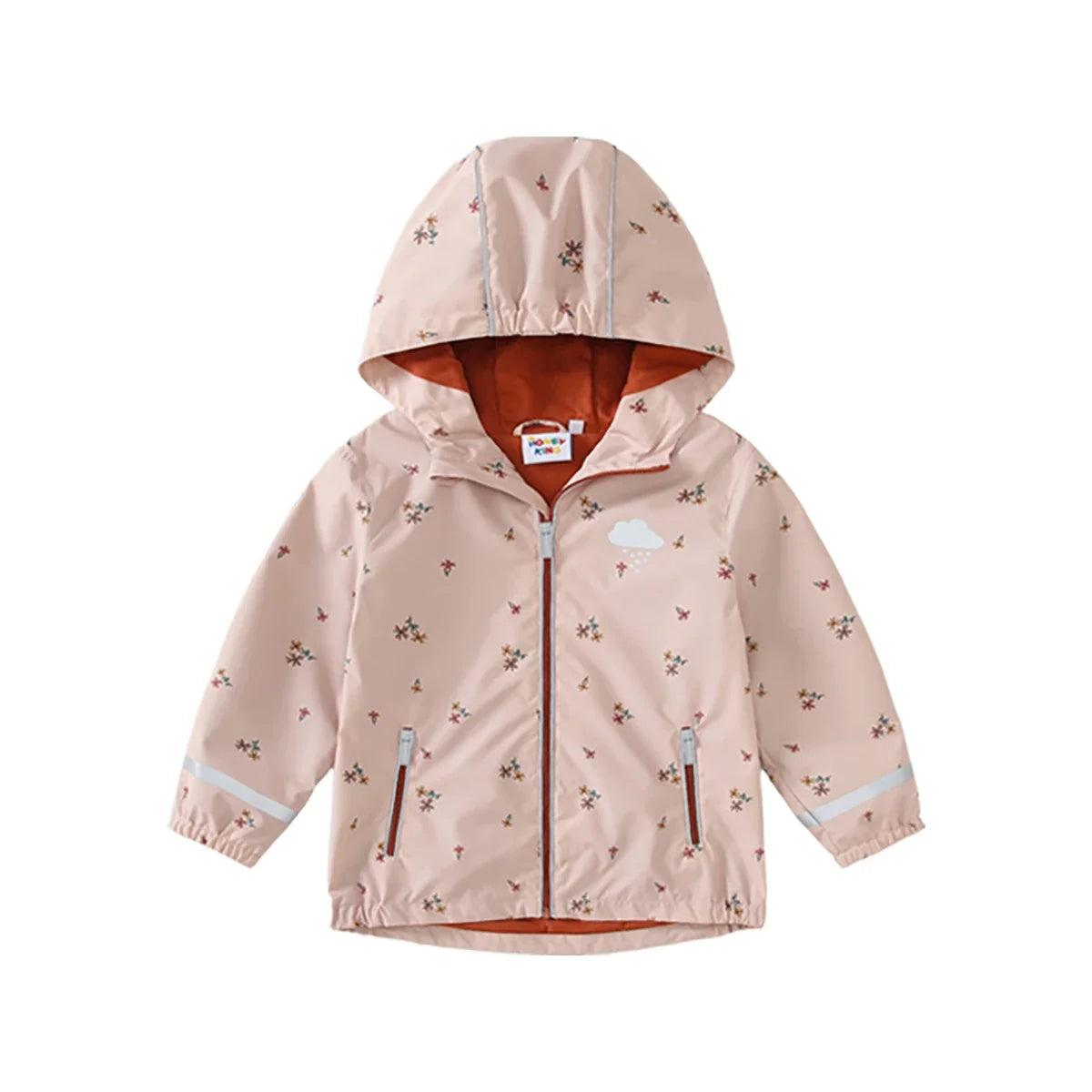 Waterproof Hooded Softshell Jacket for Kids – Fleece-Lined Unisex Rain Coat with Cartoon Print, Cotton-Polyester, Ages 7–12 Years
