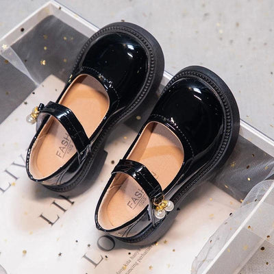 Girls PU Leather Mary Jane Flats with Pearl Pendant – Black Princess Dress Shoes, EU 26-36