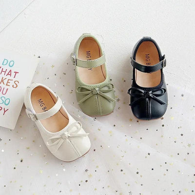 Girls PU Leather Mary Jane Flats with Butterfly Accent – Soft Sole Infant, Toddler & Kids Shoes