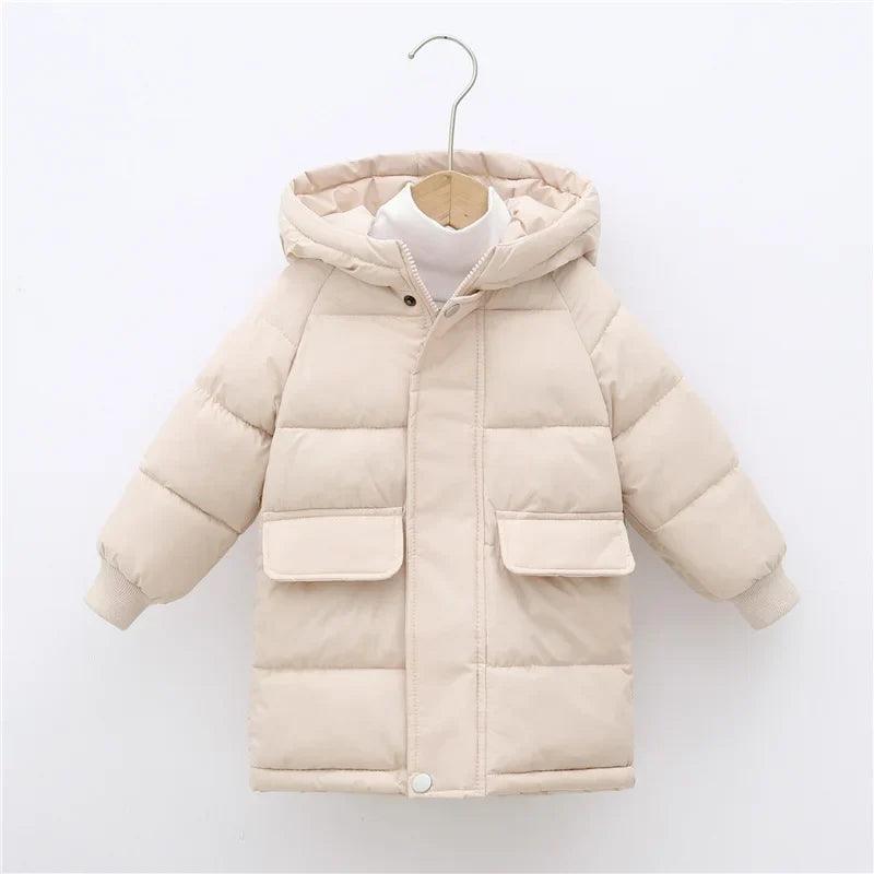 Kids Hooded Long Down Parka Coat - Warm Zippered Winter Jacket for Boys & Girls