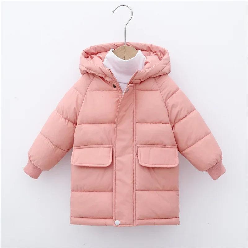 Kids Hooded Long Down Parka Coat - Warm Zippered Winter Jacket for Boys & Girls
