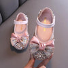 Girls Rhinestone Bow Princess Leather Party Dance Flats — Kids School Performance Shoes - D2088Pink / 21 (Inner 13.7CM)