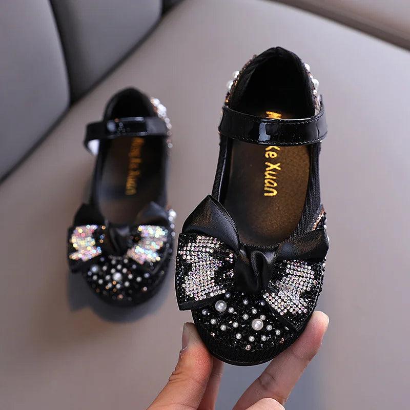 Girls Rhinestone Bow Princess Leather Party Dance Flats — Kids School Performance Shoes
