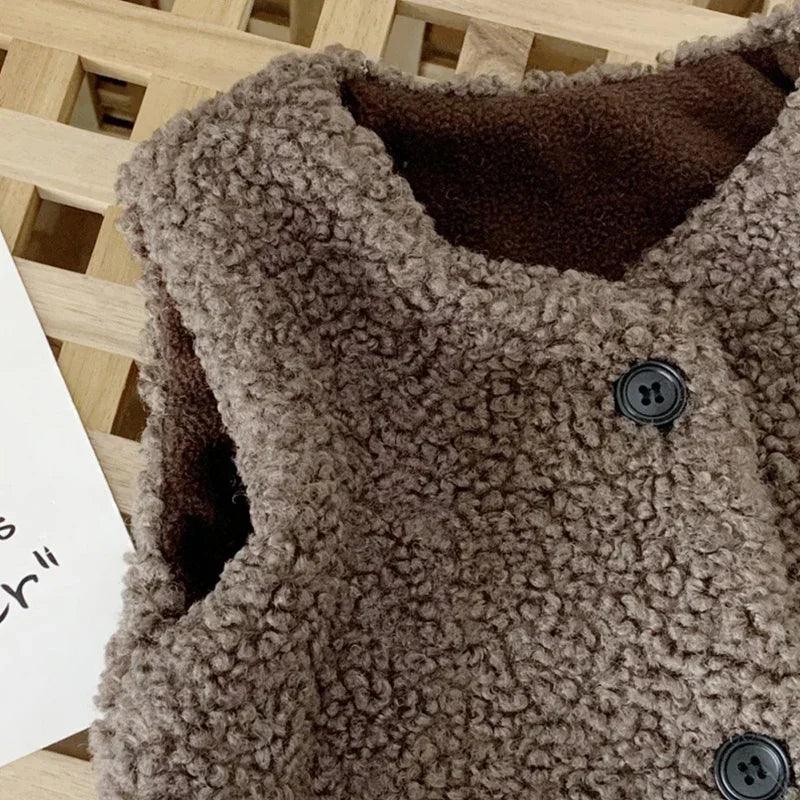 Kids Faux Lamb Wool Vest – Plush V-Neck Sleeveless Coat for Boys & Girls, Warm Autumn Winter Waistcoat