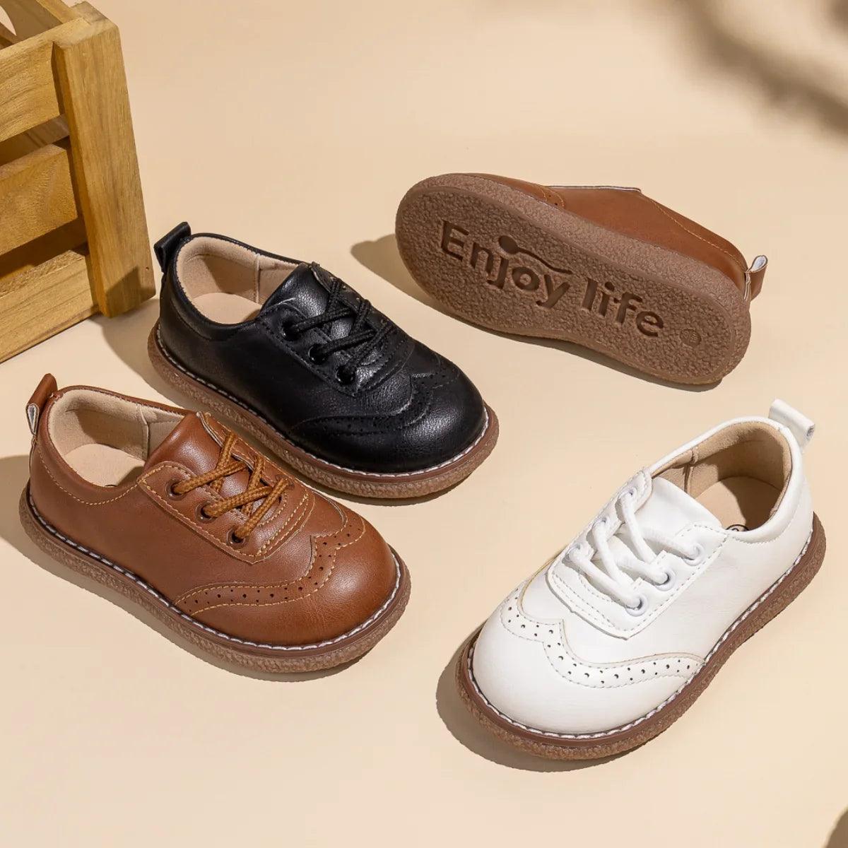 Kids Retro Leather Lace-Up Shoes – Breathable Anti-Slip Rubber Sole Flats (Ages 3–12)