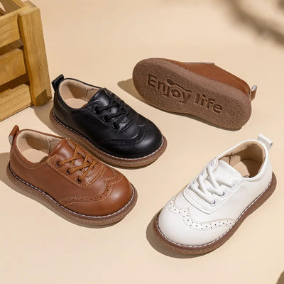 Kids Retro Leather Lace-Up Shoes – Breathable Anti-Slip Rubber Sole Flats (Ages 3–12)