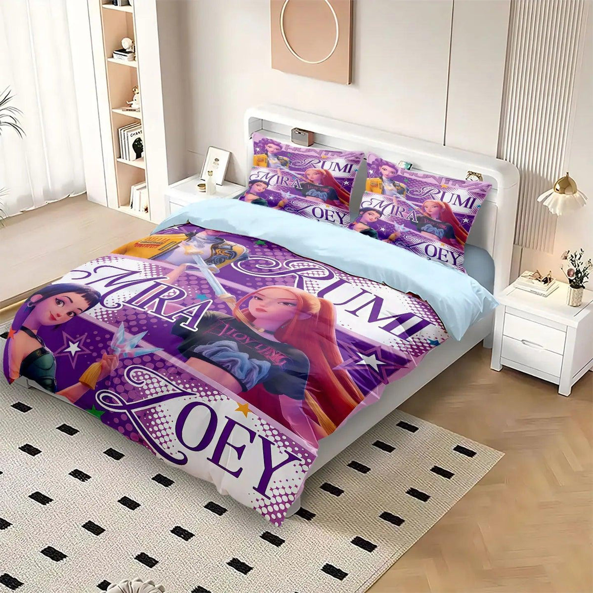 3-Piece K-Pop Cartoon Demon Hunters Girl Group Print Duvet Cover Set, Soft Microfiber, Machine Washable — Multiple Sizes 1.0–2.8m (39–110 in / 3.3–9 ft)