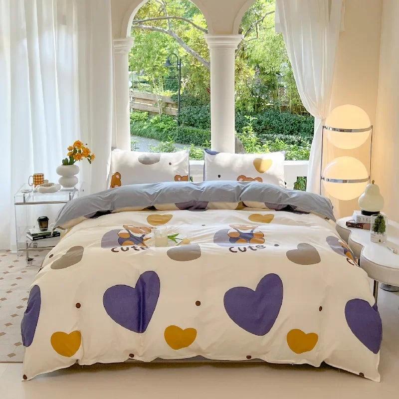 Kawaii Bear Floral Duvet Cover Bedding Set – 3PC/4PC Duvet Cover, Bed Sheet & Pillowcases | Full Queen King (Multiple Sizes)
