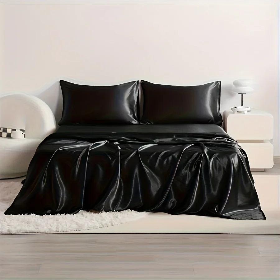 4-Piece Cooling Satin Bed Sheet Set – Breathable Hypoallergenic 500TC Flat Sheet, Fitted Sheet & 2 Pillowcases