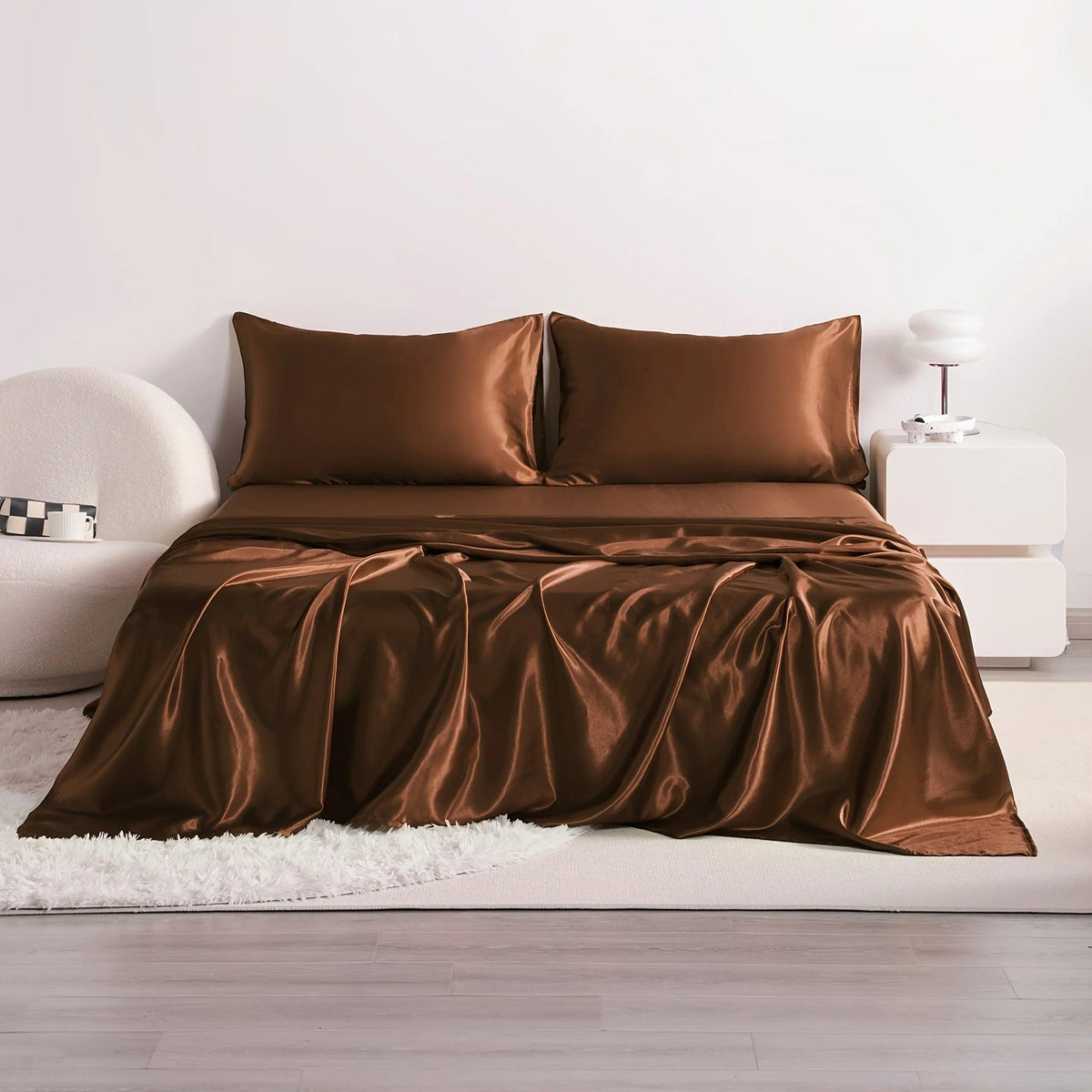 4-Piece Cooling Satin Bed Sheet Set – Breathable Hypoallergenic 500TC Flat Sheet, Fitted Sheet & 2 Pillowcases