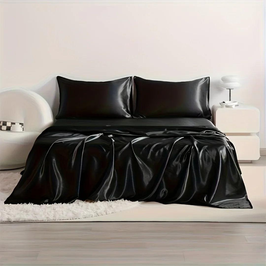 4-Piece Cooling Satin Bed Sheet Set – Breathable Hypoallergenic 500TC Flat Sheet, Fitted Sheet & 2 Pillowcases